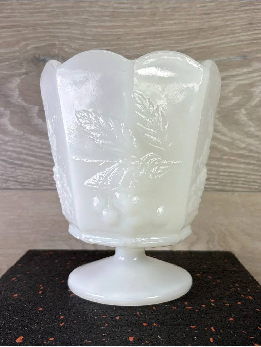Milk Glass Pedestal Compote with Raised Berry Motif - White